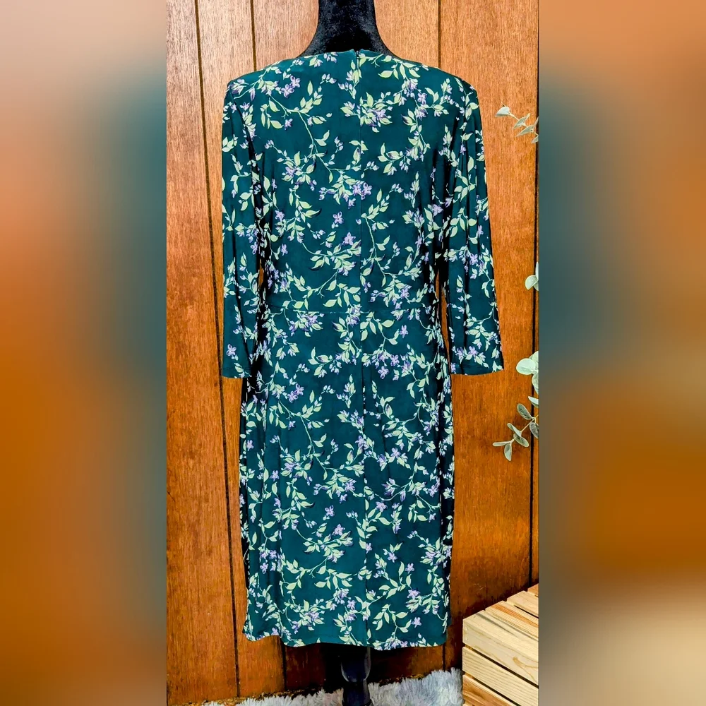 Ralph Lauren Sz10 Green with Purple Floral Pattern Side Gather Cowl Neck Dress - Picture 2 of 11